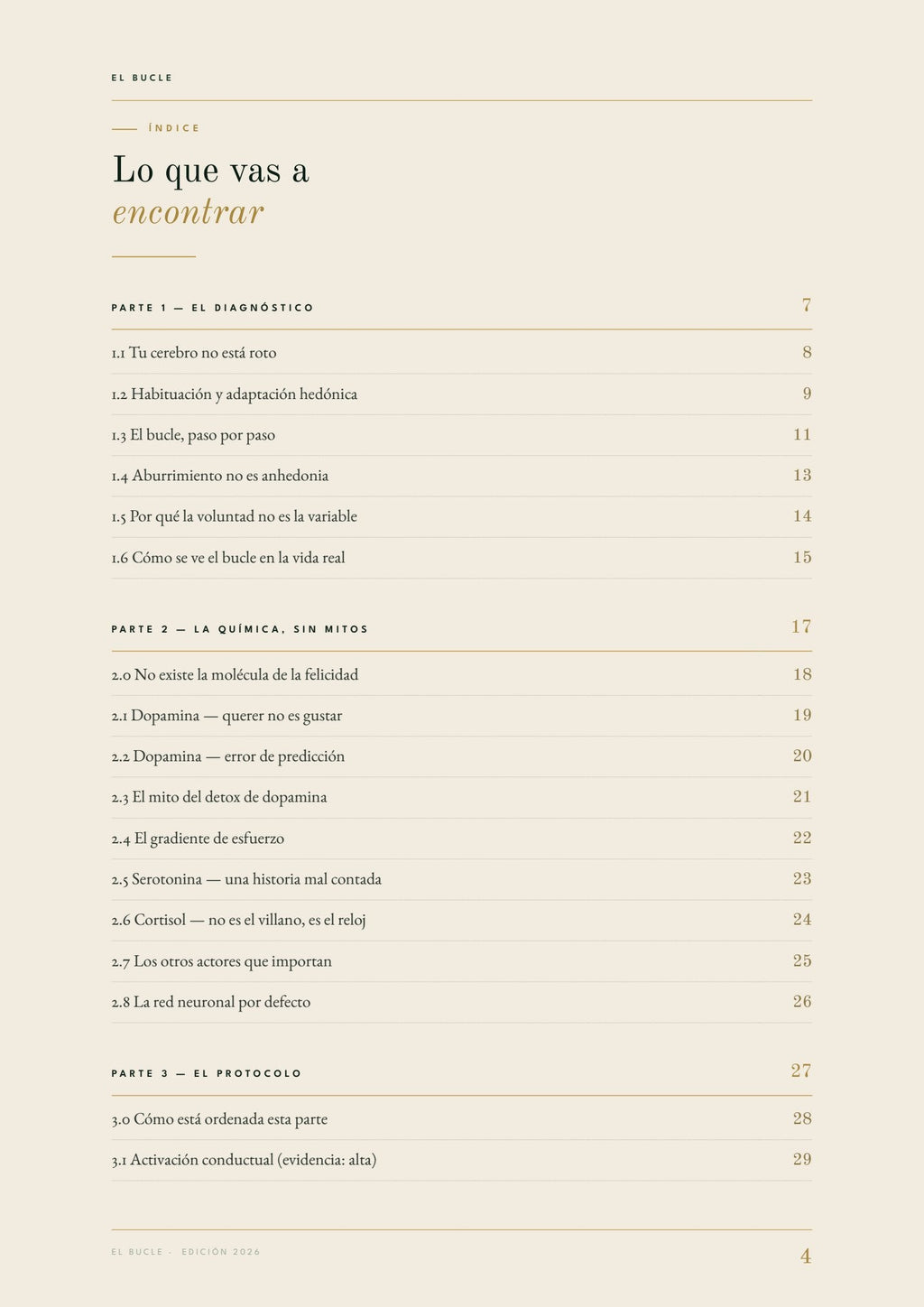 Índice del libro con sus cinco partes y los bonus