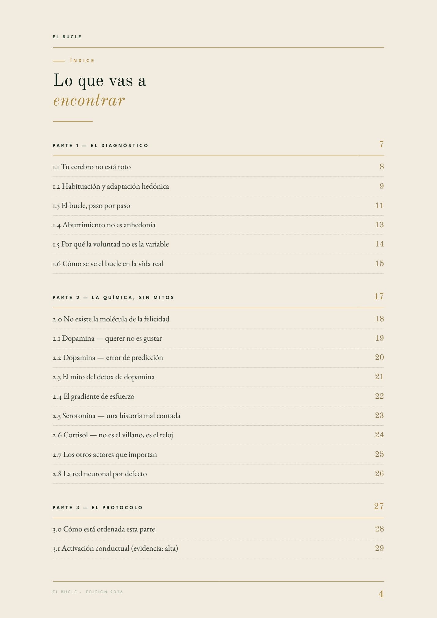 Índice del libro con sus cinco partes y los bonus